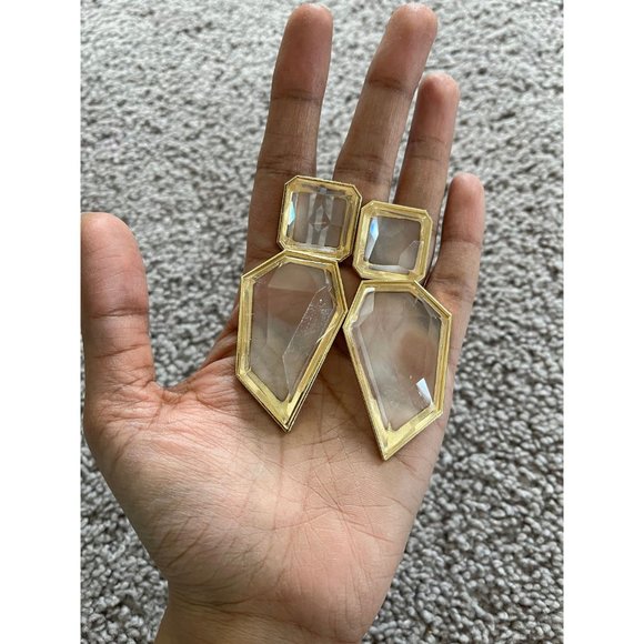 Large Gold clear earring chunky white acrylic crystal bold 3.75” - Picture 7 of 9